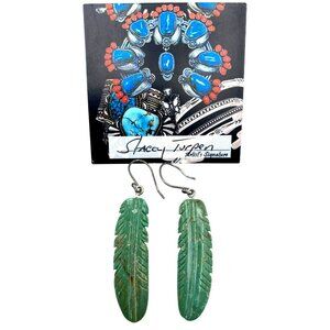 Vintage Navajo Stacey Turpen Earrings Turquoise Carved Feather Sterling Silver